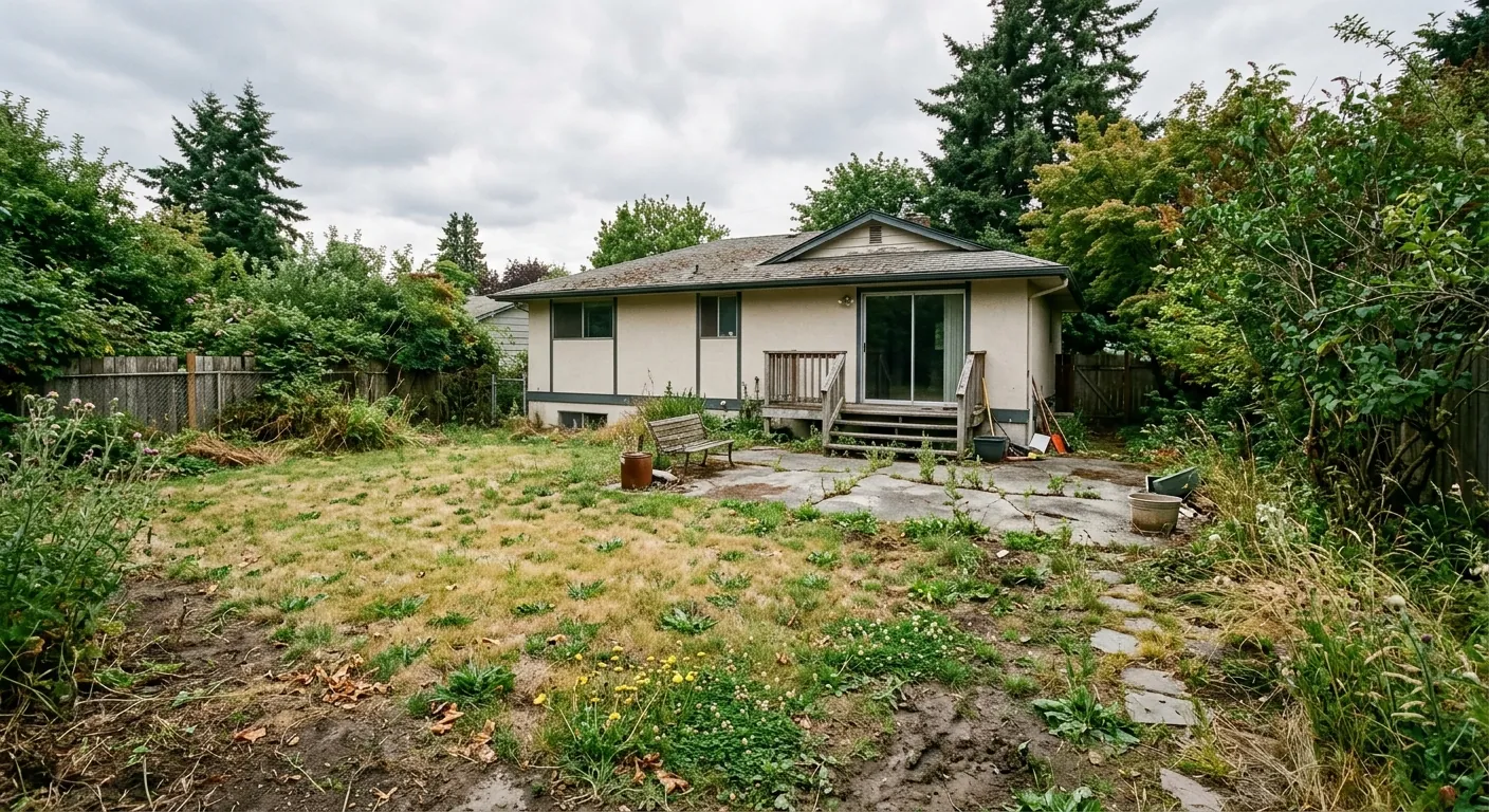 Backyard before landscaping — patchy lawn and cracked concrete