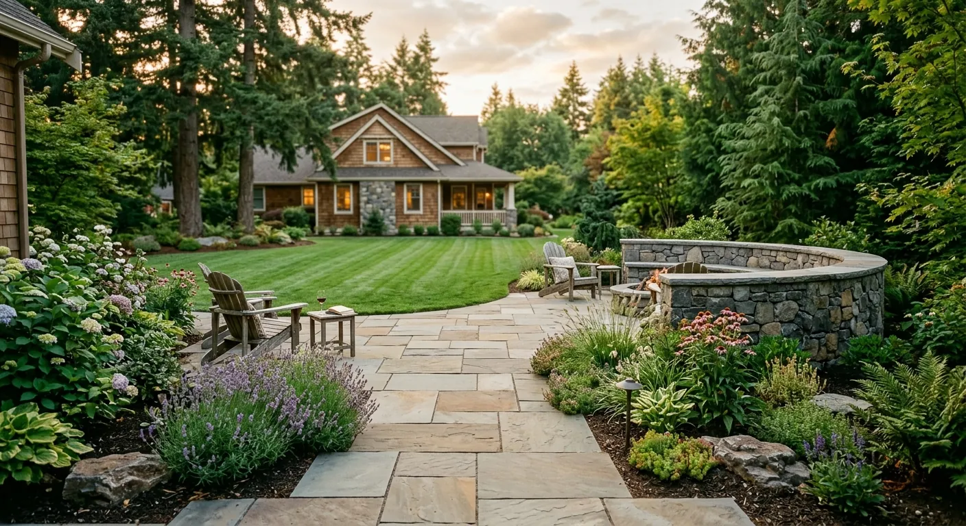 Flagstone patio with stone seating wall