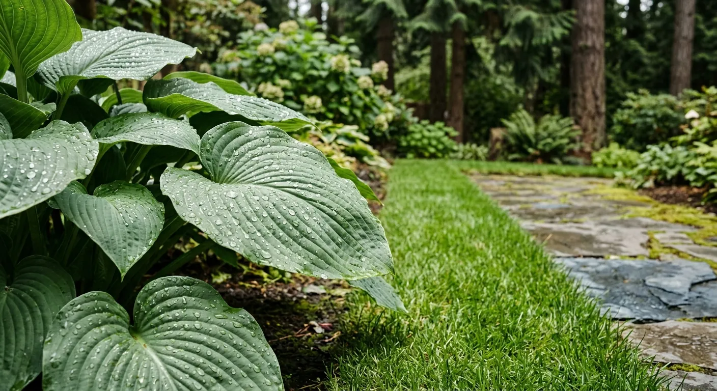 Water droplets on hosta leaves beside clean lawn edge