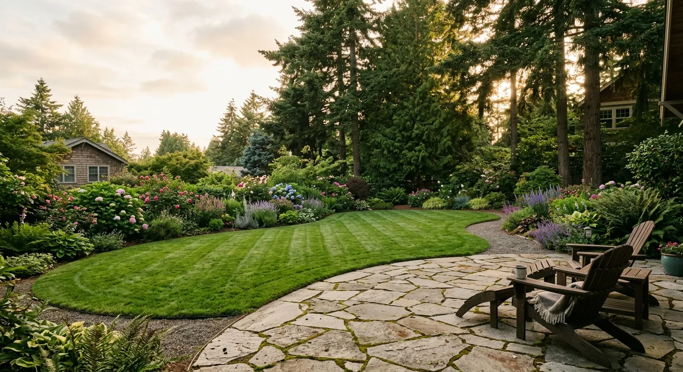 Manicured Pacific Northwest backyard with flagstone patio at golden hour