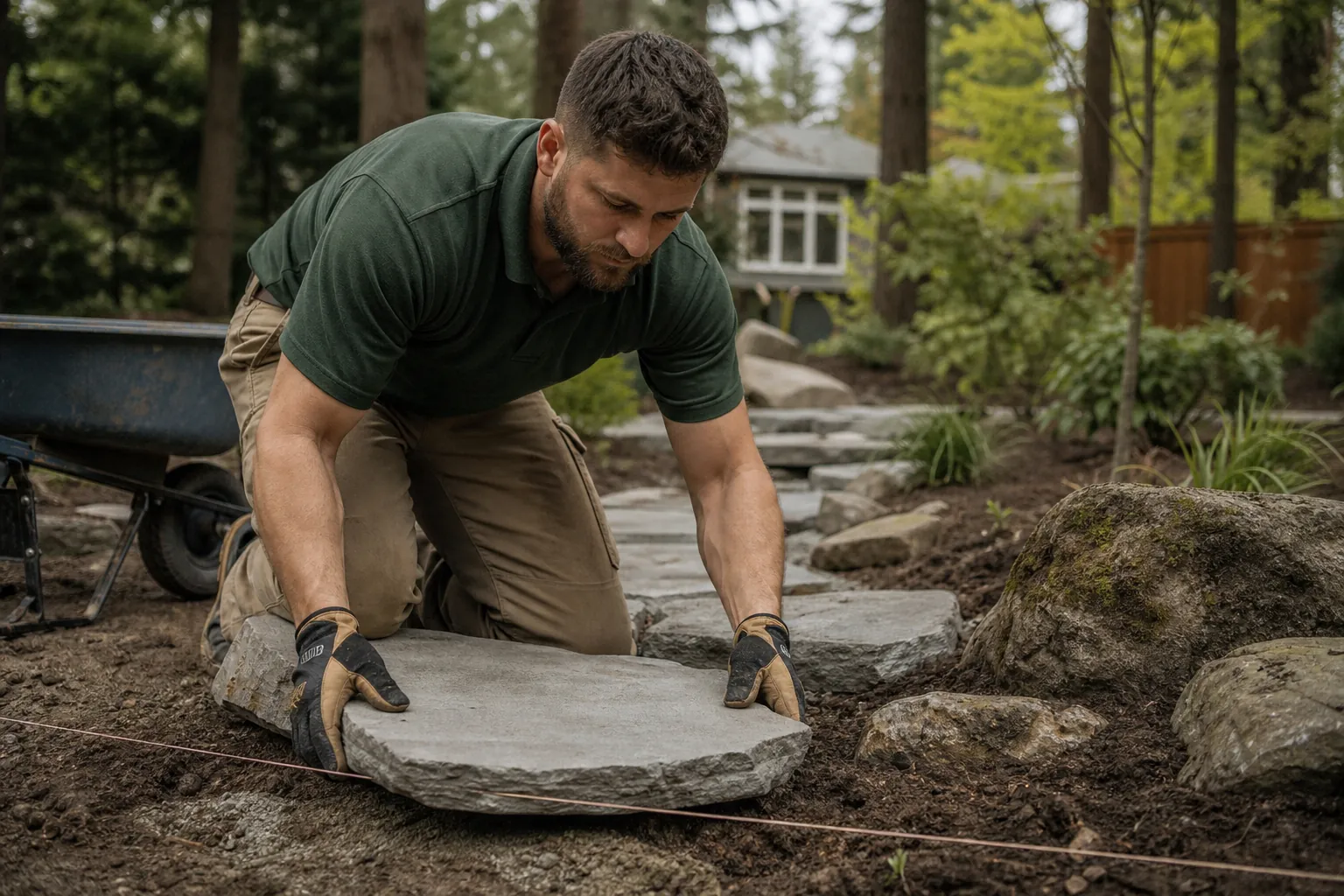 Landscaper setting a natural stone paver